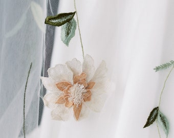 Bridal Veils Embroidered Vines Sage Emerald Peach Blooms Wedding Veil Cathedral Length Floral Design