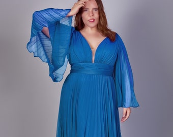 Beautiful Unique Jewel Tone Long Wide Sleeve Pleated Chiffon Aline Dress V Neckline Prom Formal Gown Bridesmaid Dress Open V Shape Back