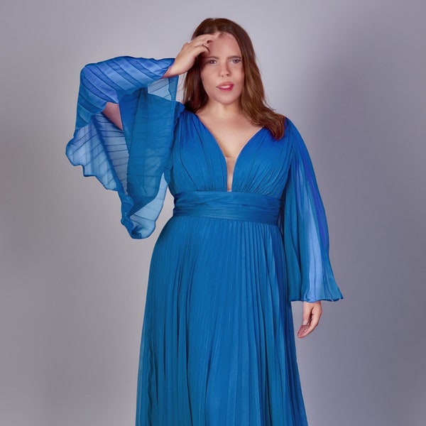 Beautiful Unique Jewel Tone Long Wide Sleeve Pleated Chiffon Aline Dress V Neckline Prom Formal Gown Bridesmaid Dress Open V Shape Back