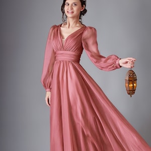 Beautiful Unique Long Sleeve Chiffon Aline Dress Wide V Neckline Prom Formal Gown Bridesmaid Dress Open Back