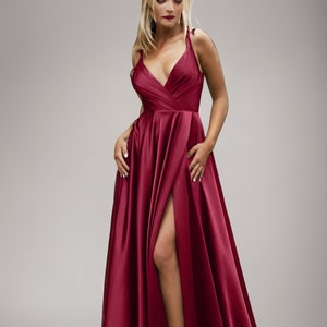 Zoey Gathered Waist Flowy Satin Sleeveless Formal Bridesmaid Dress Prom Gala Side Leg Slit Open Back Tie & Wrapped Dress V Neck