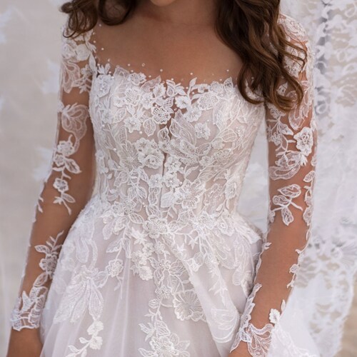 A Line Illusion Floral Pattern Lace Wedding Dress With Long Etsy