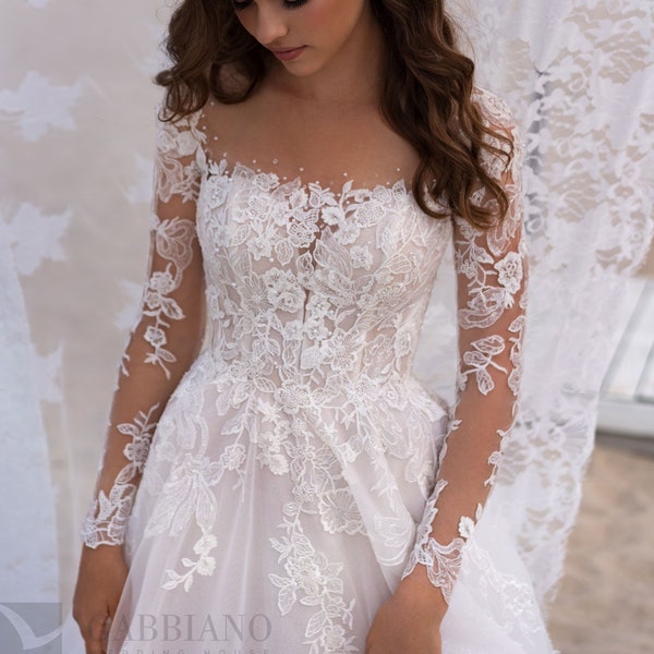 Classic Floral Lace ALine Long Sleeve Square Neckline Illusion Back Wedding Dress Bridal Gown