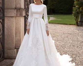 Beautiful Stretch Satin Wedding Dress Bridal Gown Long Sleeve Boat Neckline Full Aline with Train Beaded Lace Back with Buttons