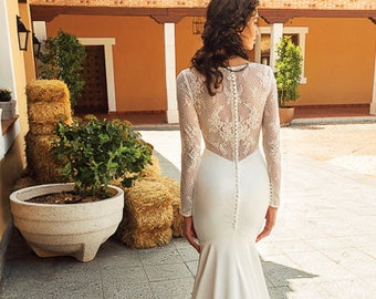 Minimalistic Mermaid Trumpet Long Sleeve Lace Back Wedding Dress Bridal Gown Simple Classic