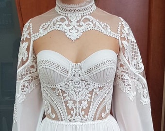 Classic Boho Style Bustier Sweetheart Neckline Detachable Long Sleeve High Collar Aline Wedding Dress Bridal Gown Open Back