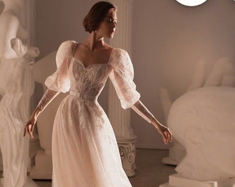 Beautiful Puff Shoulder Wedding Dress Bridal Gown Long Sleeve Sweetheart Neckline Aline Dress Romantic Style Custom Made