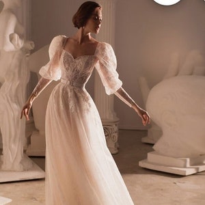 Beautiful Puff Shoulder Wedding Dress Bridal Gown Long Sleeve Sweetheart Neckline Aline Dress Romantic Style Custom Made