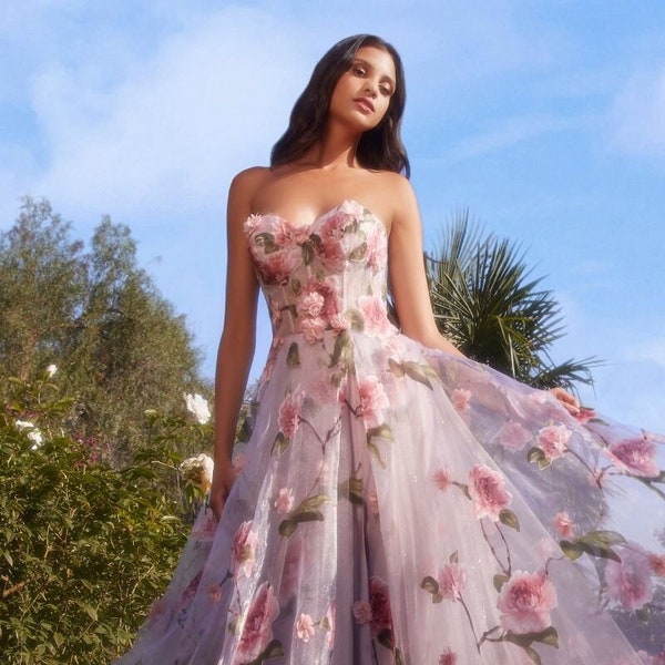 Fairytale Breathtaking A-line Romantic Bustier Floral 3D Flowers Sleeveless Strapless Pink Organza Slit Wedding Dress Bridal Gown Formal