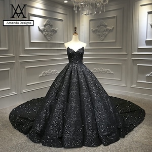 Black Unconventional Sleeveless Pleats Glitter Shiny Sparkle Wedding Dress Bridal Ball Gown Ivory