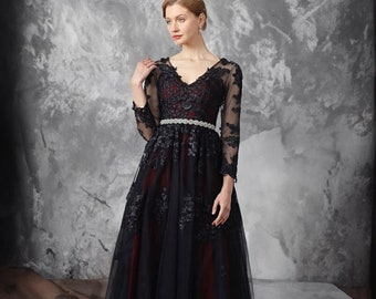 Black And Red ALine Lace Gown Gothic Wedding Dress Bridal V Neckline Long Illusion Lace Sleeves Open Back Unique Design Corset Back