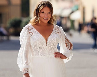 Modern Flowy Aline Wedding Dress Bridal Gown Illusion Lace V Neckline Long Sleeves Corset Back Chiffon Skirt with Train