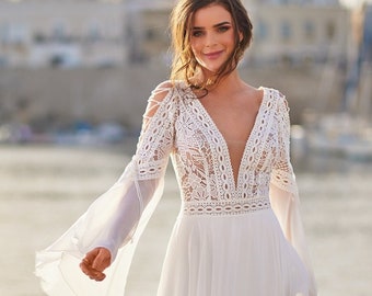 Boho Aline Long Bell Sleeves Deep V Neckline Wedding Dress Bridal Gown Open V Back Boho Country Style Chiffon Beach Style A-line Gown Skirt