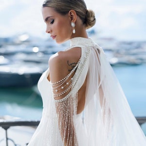 Beautiful Modern Crepe Deep V Neckline Aline Wedding Dress Minimalist Bridal Gown Sleeveless Open Back Short Train Simple Classic Cape