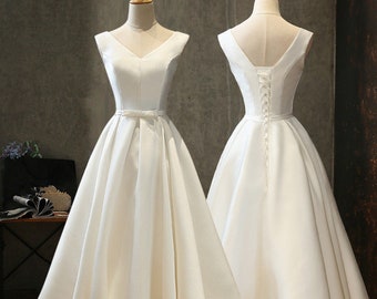 v neck tea length wedding dress