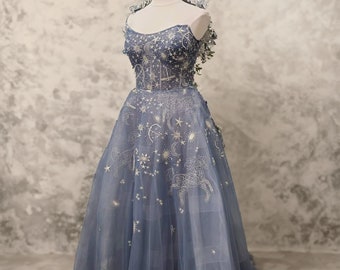 Costellazione Sogno Innamorato Tulle ricamato Abito da ballo Abito formale Corsetto Con lacci sul retro Senza maniche Senza spalline Schiena aperta Celeste Selene