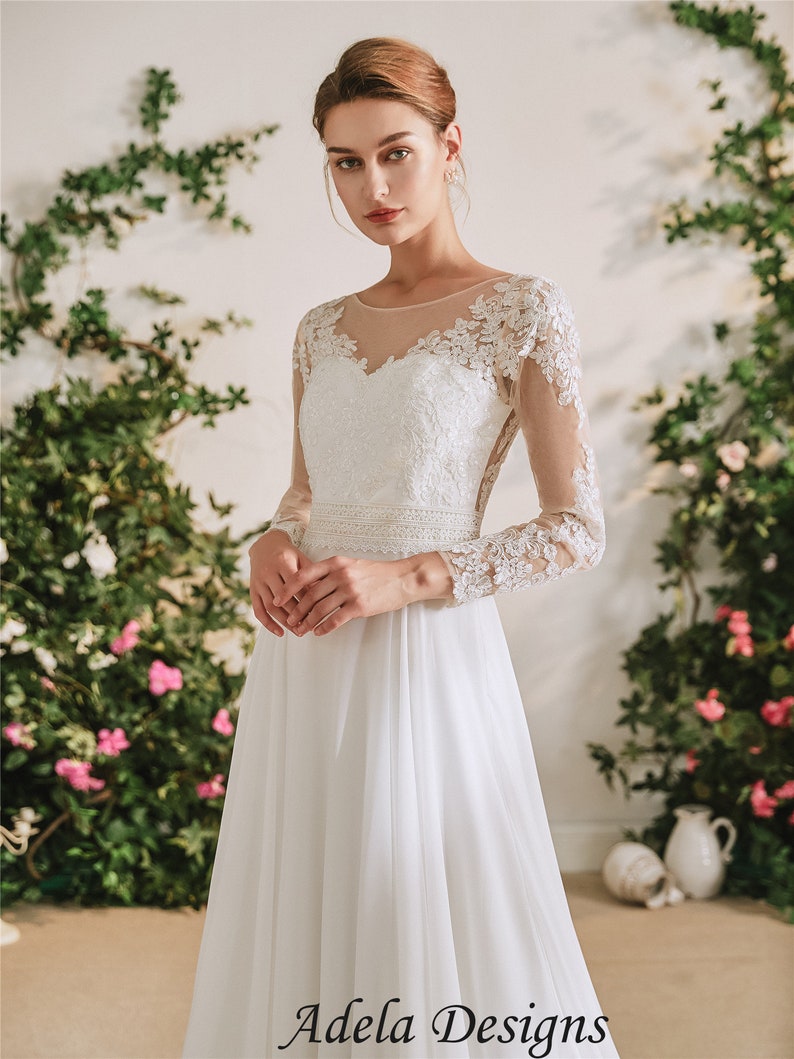 Long Sleeves Chiffon A-line Lace Boho Wedding Dress Bridal | Etsy