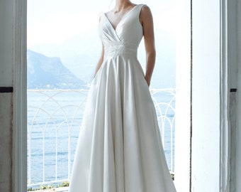 Clssic Satin ALine Sleeveless V Neckline Low Open Back Wedding Dress Bridal Gown Beaded Waist and Pockets