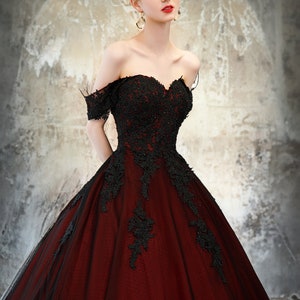 Black And Dark Red Ball Gown Gothic Wedding Dress Bridal Off The Shoulder Lace Bare Shoulders Open Back Ballgown