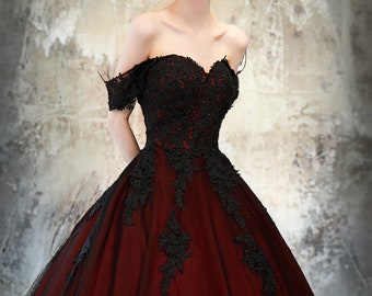 Black And Dark Red Ball Gown Gothic Wedding Dress Bridal Off The Shoulder Lace Bare Shoulders Open Back Ballgown