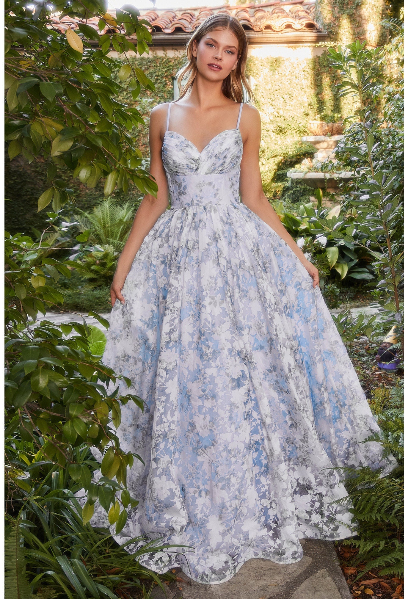 Blue floral asymmetric ruffle evening gown – Eloli