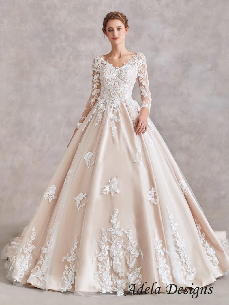 Champagne Ball Gown Wedding Dress Bridal Gown Lace Long Illusion Sleeves Full Skirt Contrasting Lace V Neckline Open Back image 3