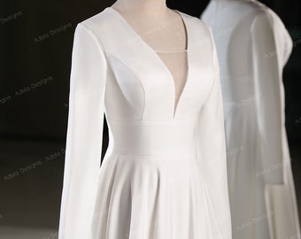 Modest Crepe Long Sleeve Bridal Gown Wedding Dress Minimalist Aline Silhouette Low V Neckline Covered Back Side Slit