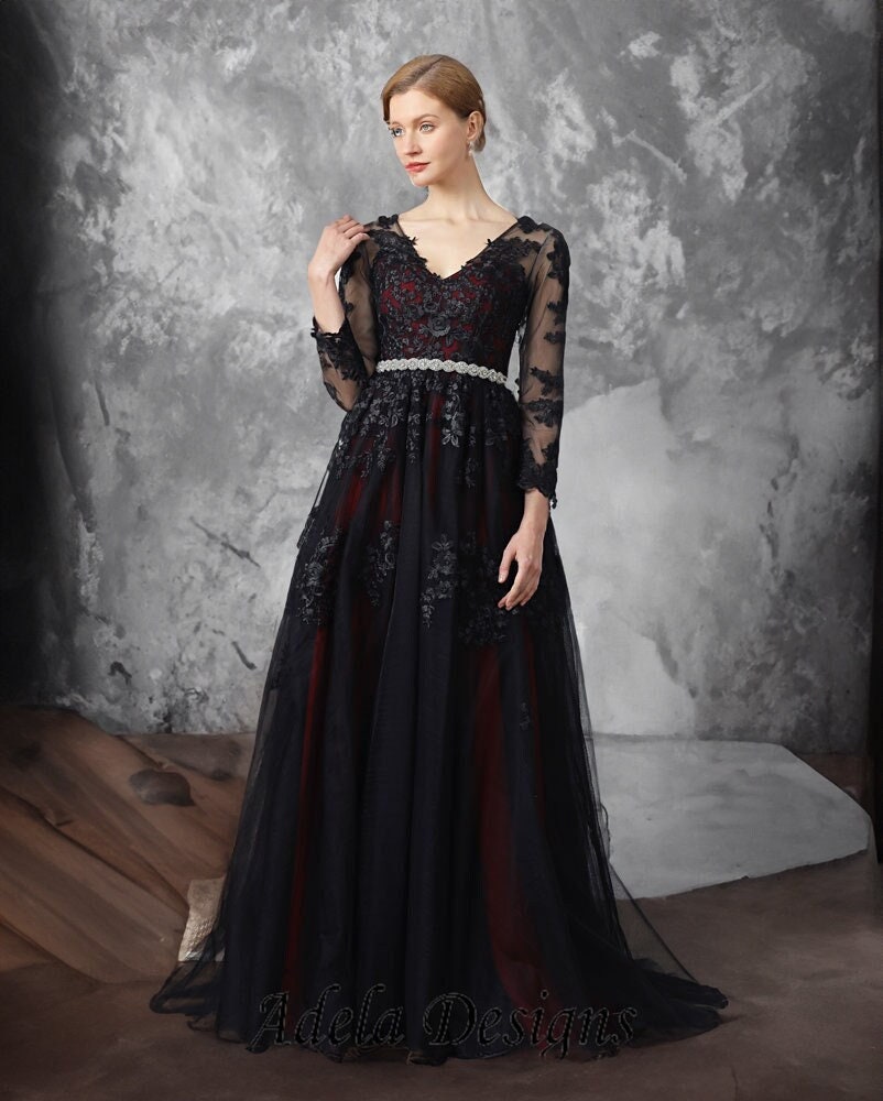 Black and Red Aline Lace Gown Gothic Wedding Dress Bridal V Neckline Long  Illusion Lace Sleeves Open Back Unique Design Corset Back 