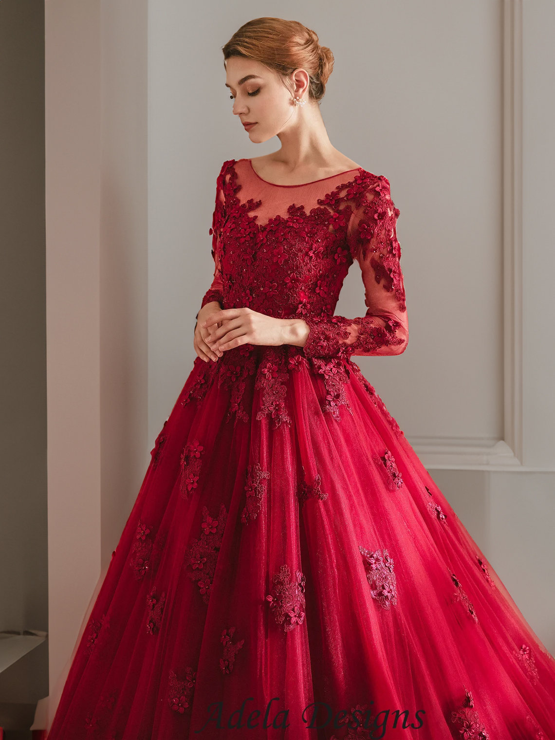 Buy Deep Red Embroidered Gown For Women Online