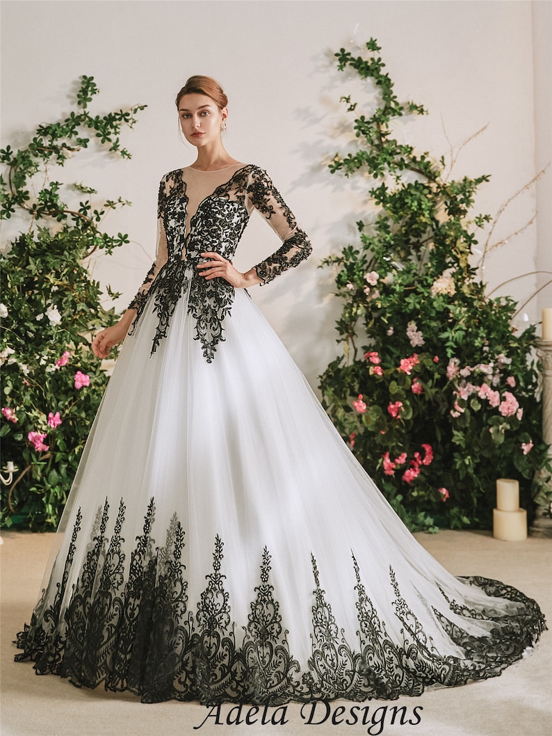 Untraditional Black and White Ball Gown Gothic Wedding Dress