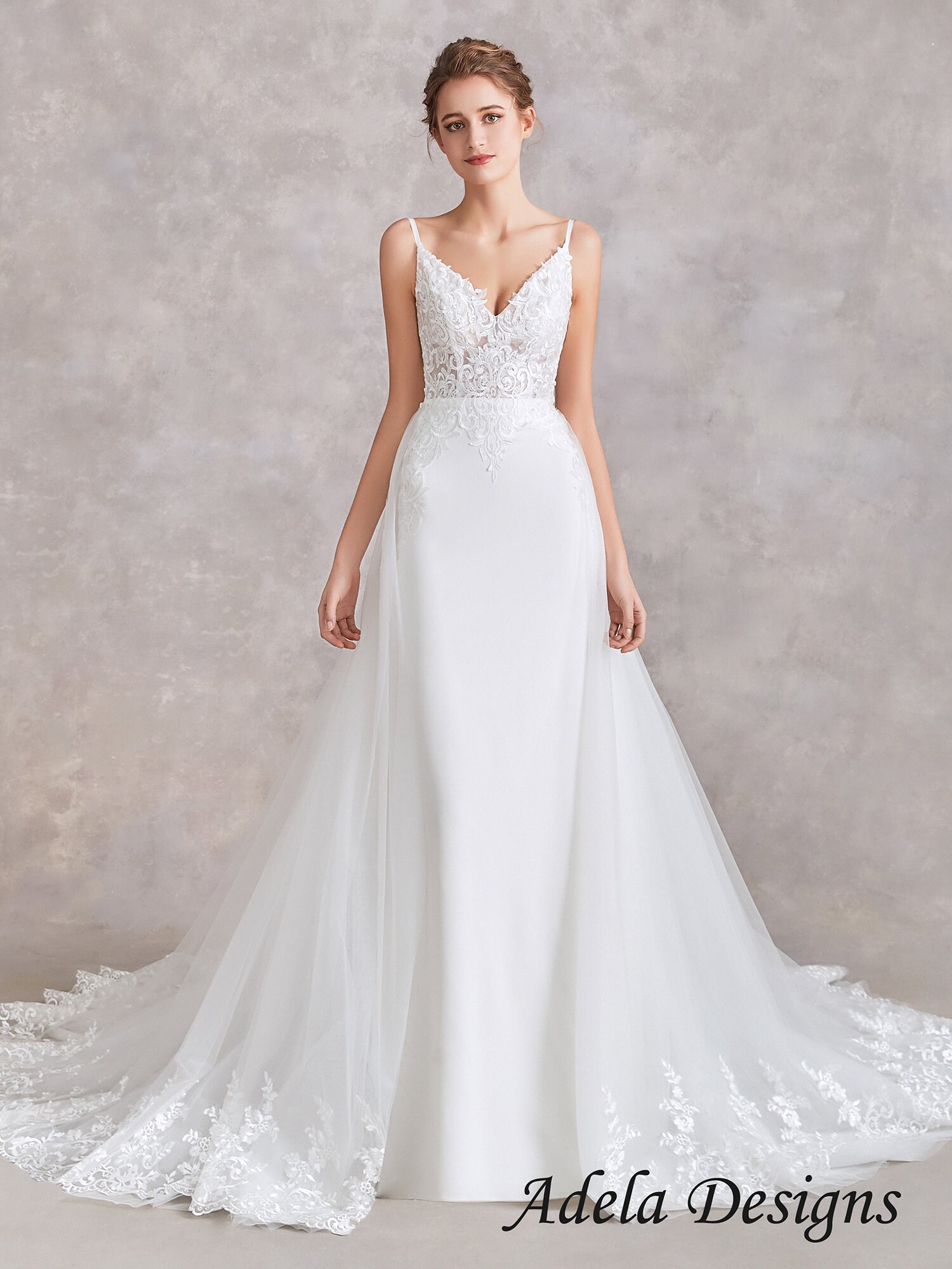 Brides Detachable Train Wedding Dress Lace Etsy