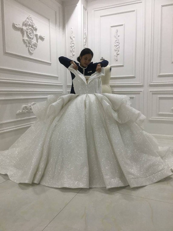 Off Shoulder Pleat Folds Glitter Shiny Sparkle Wedding Dress Bridal Ball  Gown Ivory Princess Fairy Tale -  Canada