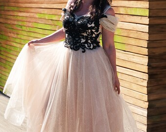 Unique Glitter Sparkle Gold and Black Off the Shoulder Corset Tea Length Wedding Dress Bridal Gown Formal Prom Evening Dress Quick Ship