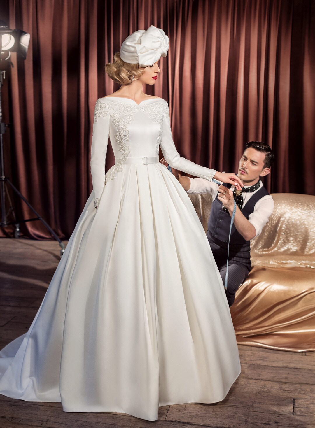 Classic Vintage Modest Long Sleeve Soft Satin Wedding Dress