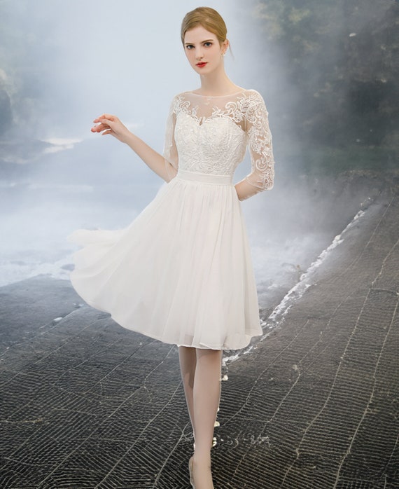 Illusion Neck 3/4 Sleeve Glitter Tulle Bridal Gown - Xdressy