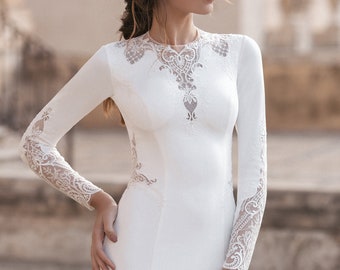 Boho Lace Long Sleeve Fitted V Neck Sheath Fit and Flare Wedding