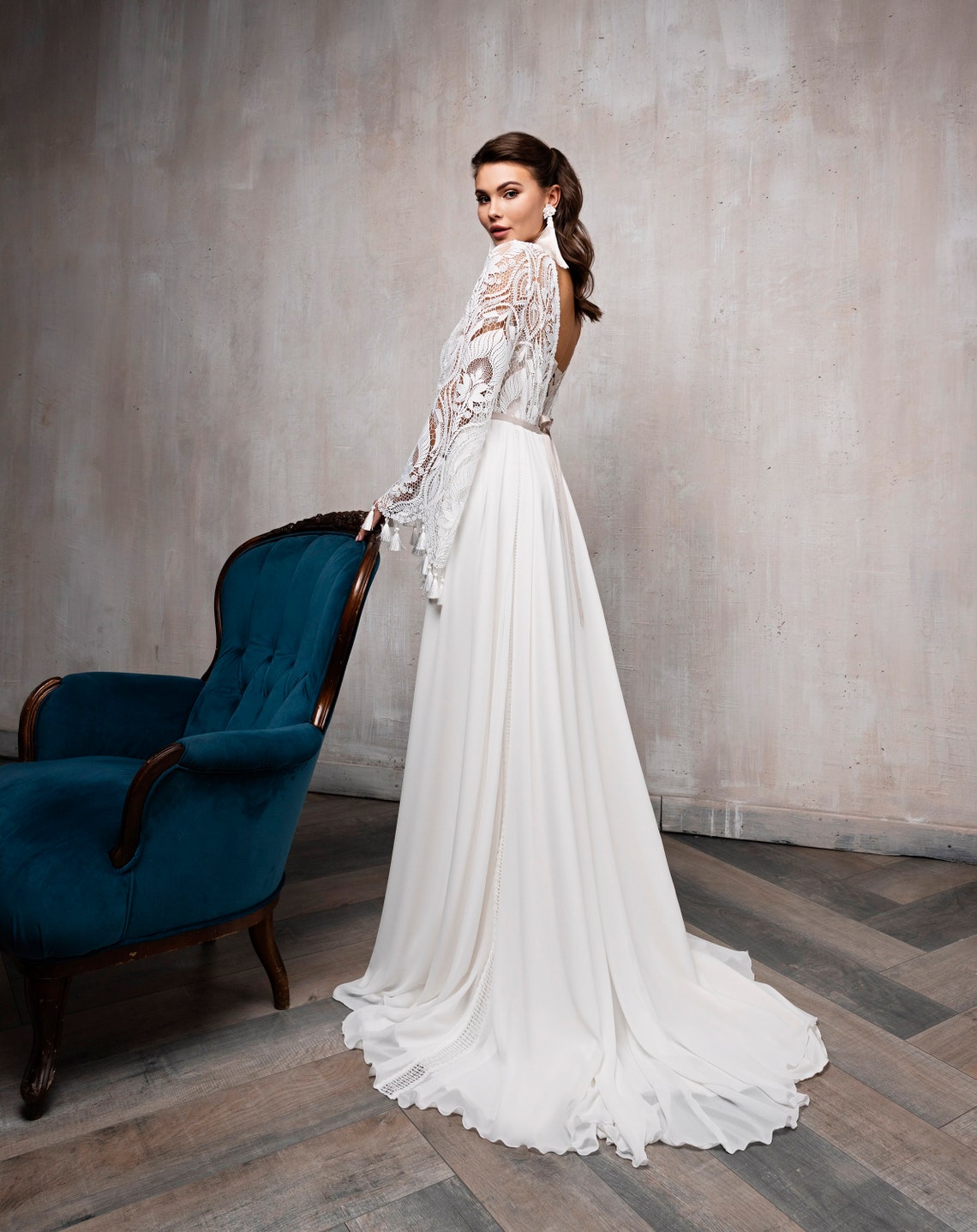 Bohemian Lace Long Belle Sleeves Tassel A Line Wedding Dress - Etsy