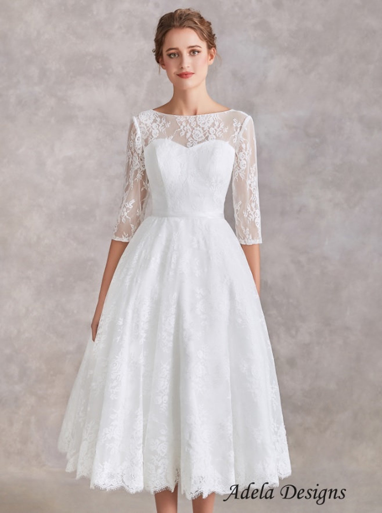 Vintage Style Tea Length Short Lace Wedding Dress Bridal Gown | Etsy