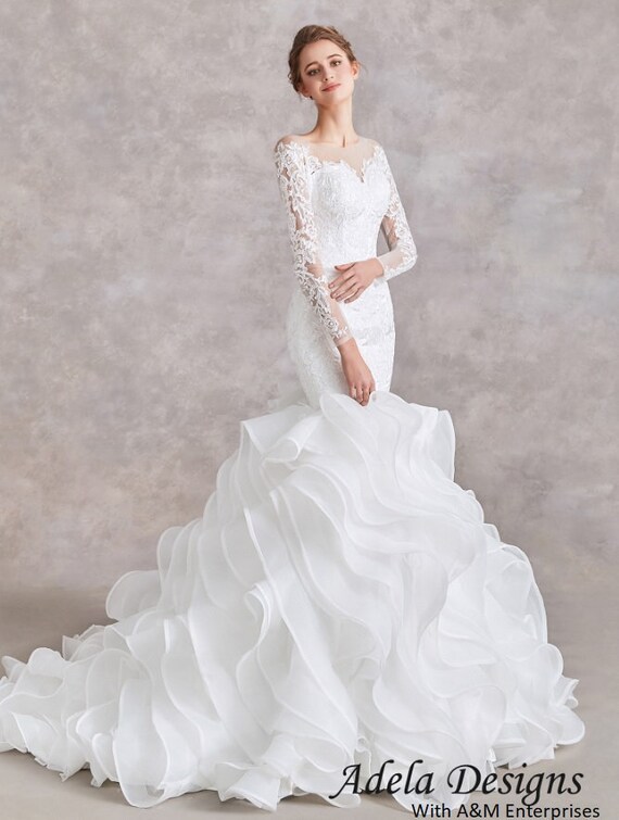 Ruschen Meerjungfrau Brautkleid Trompete Spitze Brautkleider Etsy