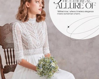 Langes, halbärmliges A-Linien-Chiffon-Brautkleid im Boho-Stil, Vintage-Stil, Brautkleid mit Spitzenmieder, bescheidener hoher Ausschnitt, bedeckter Rücken