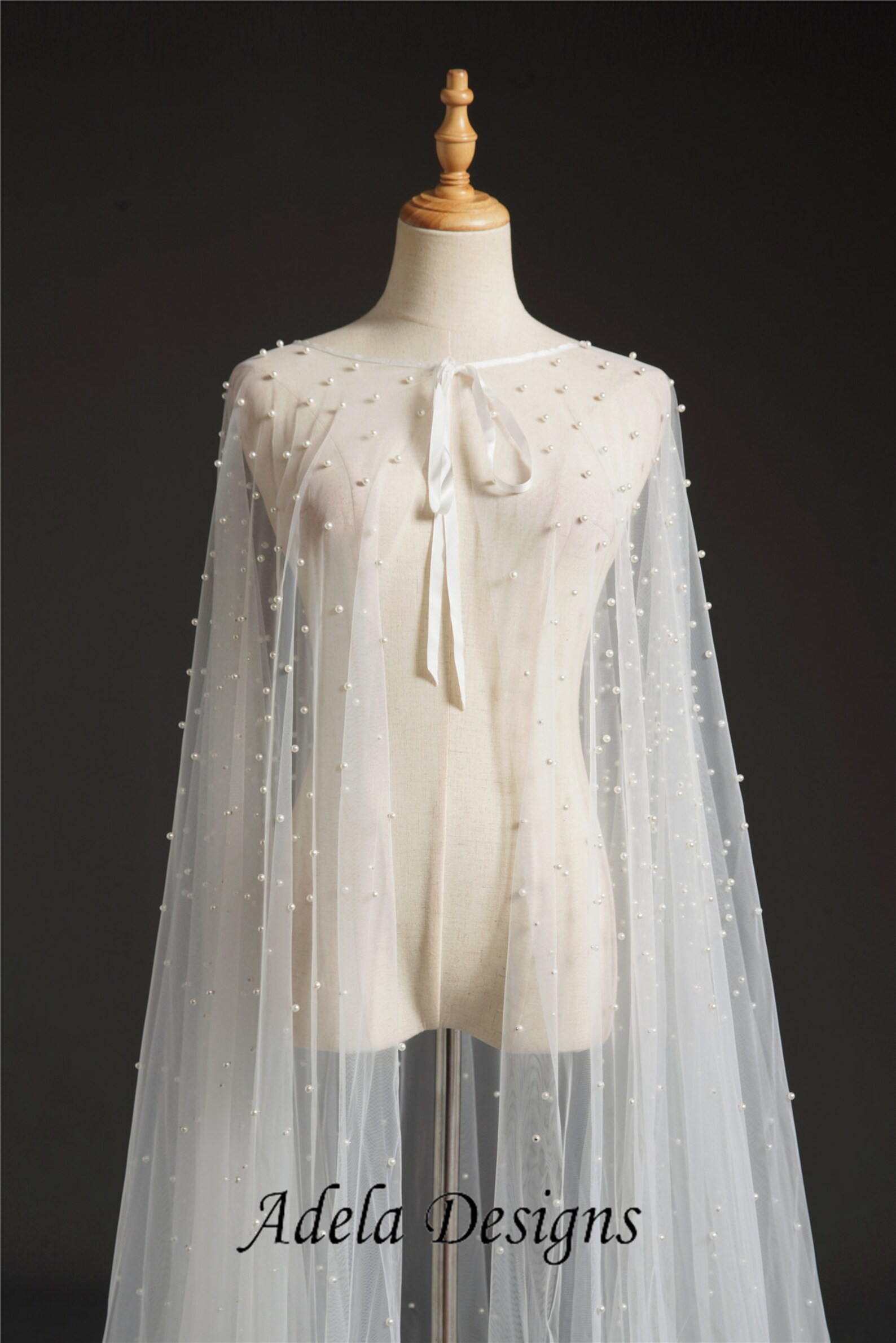 Cape Veil Lace Pearls Long Bridal Shoulder Veil in Ivory Front Etsy