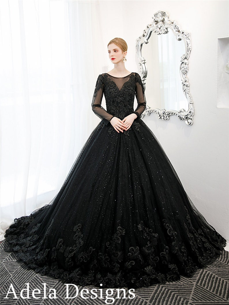 Black Gothic Ball Gown Wedding Dress Bridal Gown Long Sleeves - Etsy