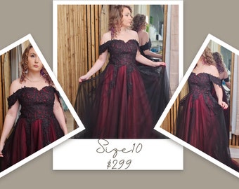 Vestido de fiesta gótico negro y rojo oscuro, vestido de novia con hombros descubiertos, encaje, hombros descubiertos, espalda abierta