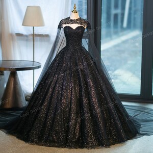 Untraditional Black Sparkle Ball Gown Gothic Wedding Dress Bridal Sleeveless Strapless Lace Cape Beaded Bodice Details Sweetheart Neckline