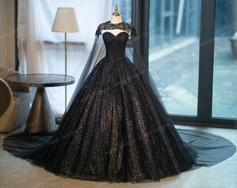 Untraditional Black Sparkle Ball Gown Gothic Wedding Dress Bridal Sleeveless Strapless Lace Cape Beaded Bodice Details Sweetheart Neckline