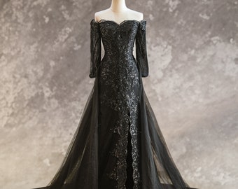 Gothic Black Sweetheart Lace Wedding Dress Bridal Gown Mermaid Sheath with Detachable Train Off The Shoulder Long Sleeve Side Slit