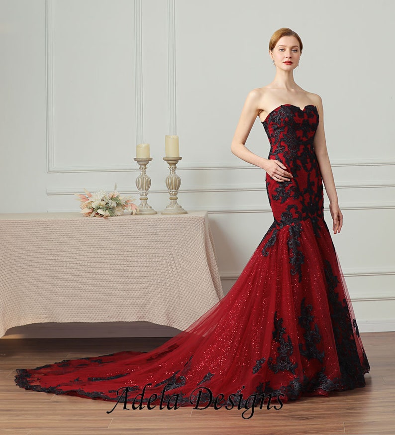 Black And Red Sparkle Mermaid Gown Gothic Wedding Dress Bridal image 3