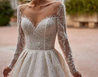 Stunning Aline Long Illusion Sleeves Translucent Bodice Sweetheart Neckline Pearl Wedding Dress Bridal Gown Sparkle Fabric