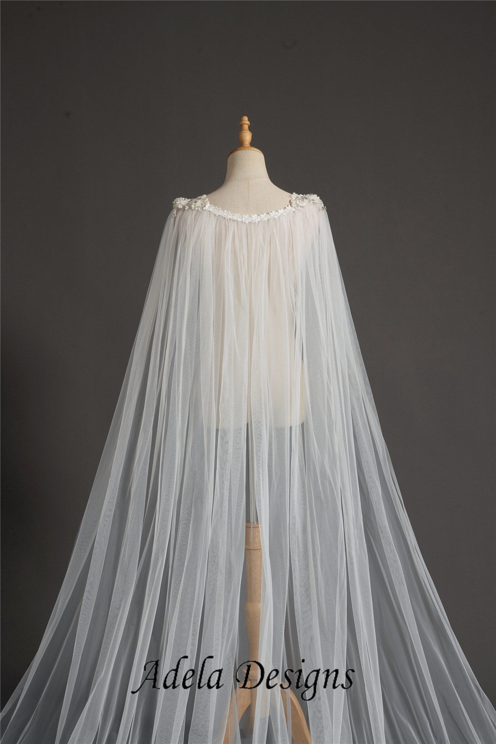 Cape Veil With Beaded Lace Shoulder Attachment Long Bridal Etsy