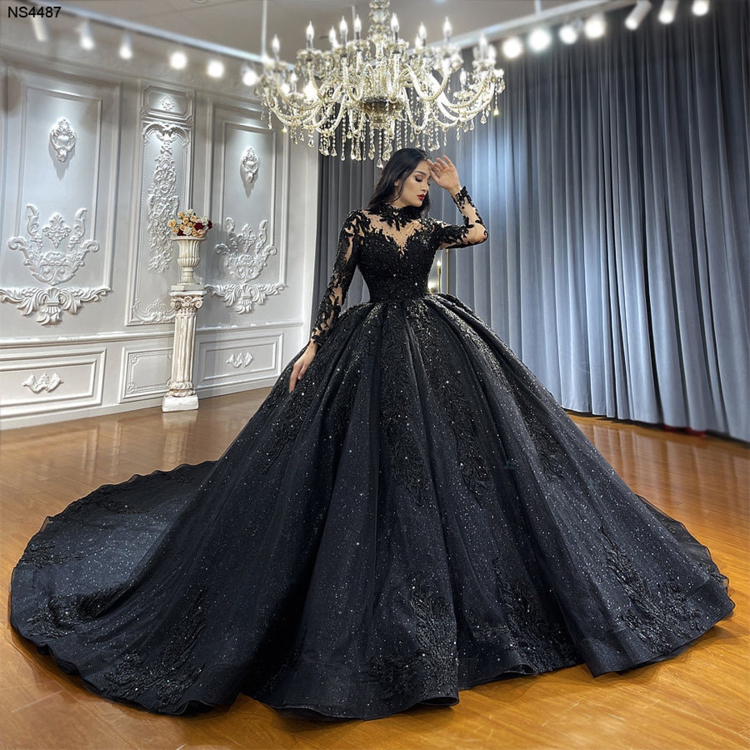 Luxury Black Long Sleeve Lace Appliques Wedding Dress Bridal Gown Full ...